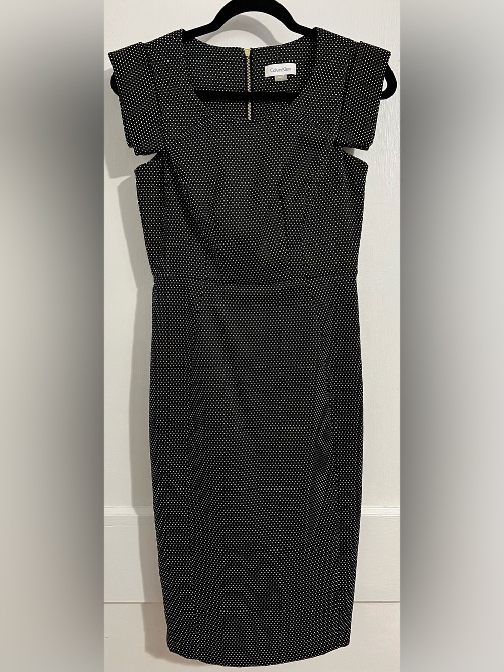 Calvin Klein Black Midi Sheath Dress with White Polka Dots
